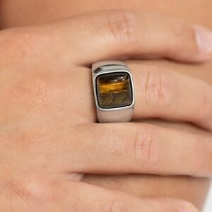 Men's Silver and Brown Stone Ring